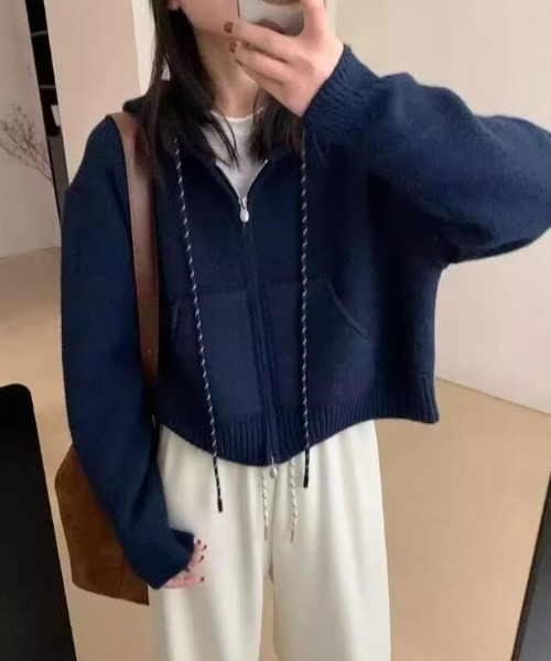 カーディガン ハーフジップフード付きニットパーカー レディース