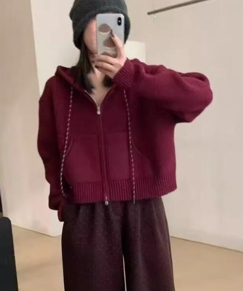 カーディガン ハーフジップフード付きニットパーカー レディース