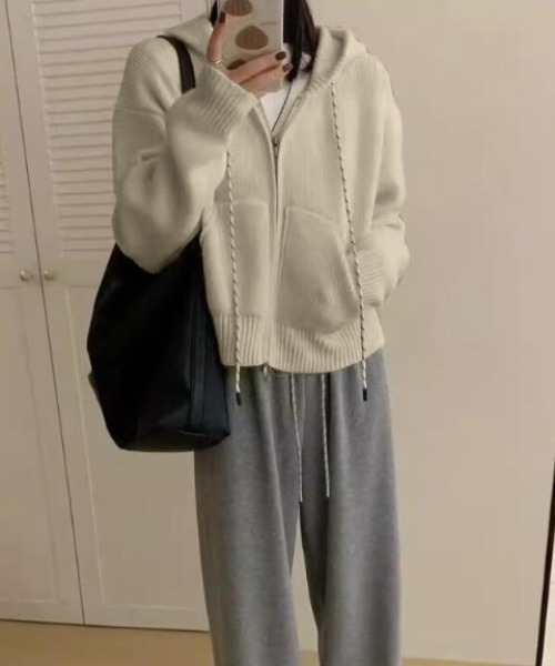 カーディガン ハーフジップフード付きニットパーカー レディース