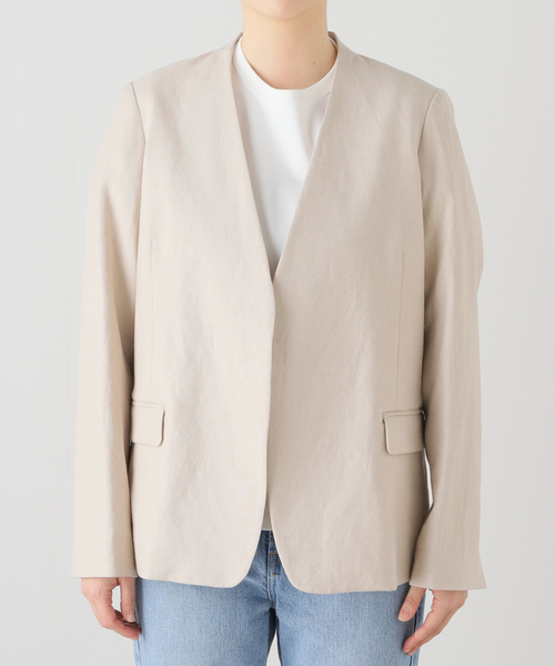 【美品】FRAMeWORK ノーカラージャケット リネン ベージュ 38 日本製 FRAMeWORK（フレームワーク） ジャケット 38 ベージュ レディース