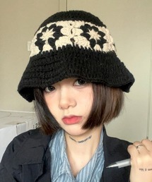 MIXDAVIT フラワーボアキャット帽 猫刺繍ボアバケットハット(帽子) | Jocomomola(ホコモモラ