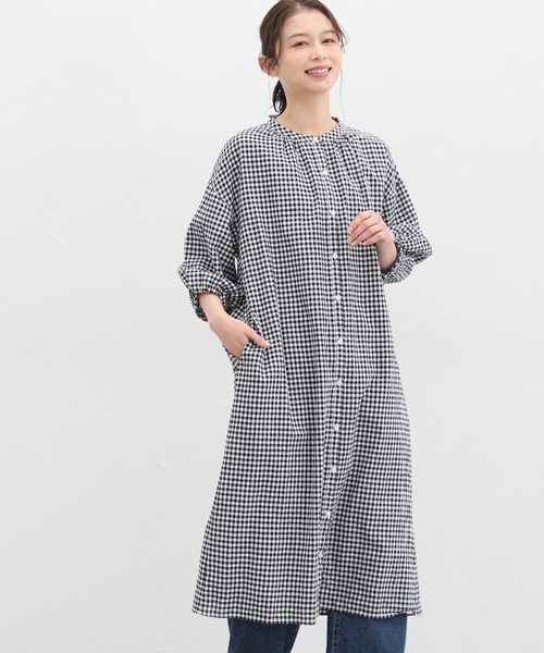 Honeys シャツワンピース 7分袖マオカラーシャツワンピース