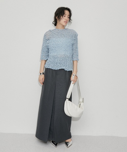 【美品】ADAM ET ROPE'　シャーリングギャザーホックトップス　ブルー ADAM ET ROPE' カーディガン 「洗える」シャーリングギャザー