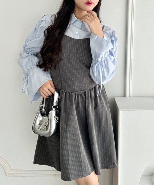 Loueme ワンピース ピンストライプフレアキャミワンピース