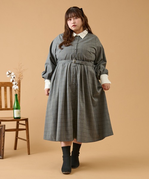 値下げ　　布や洛　ワンピース Louiosy ワンピース 「大きいサイズ」配色襟ベルト付きフレア