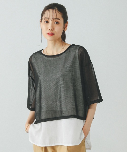 tシャツ 「WEB限定」グログランボーダー切替えプルオーバー「手洗い可能」 レディース GLOBAL WORK tシャツ シアーボーダータンクセット/310414