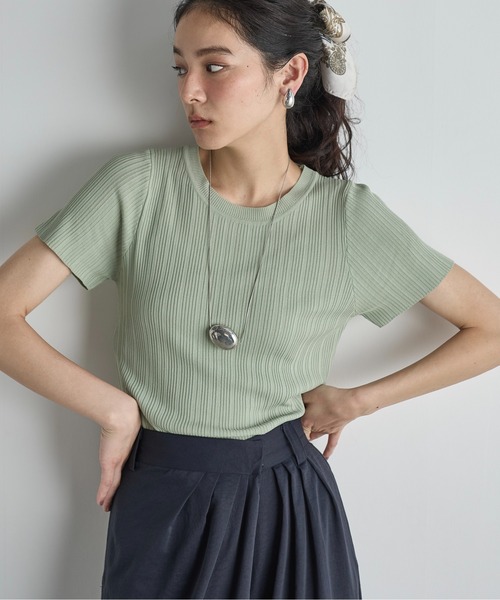 MUUET ランダムリブトップス a mon gout/ランダムリブ モックネック 七分袖プルオーバー