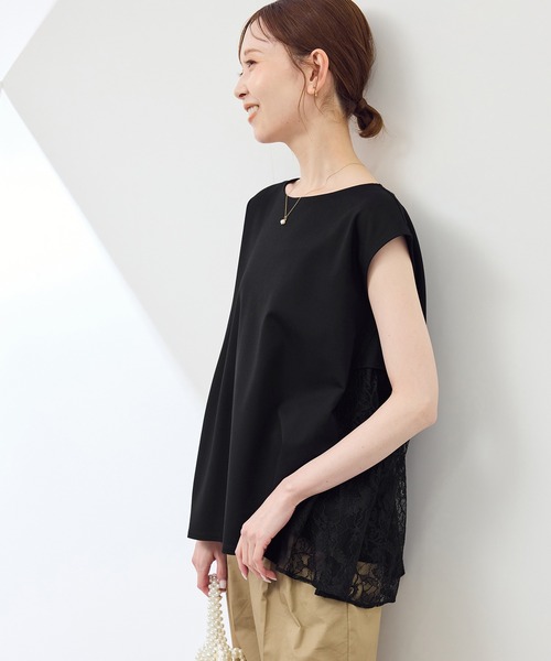 tシャツ シャーリング襟ドッキングプルオーバー「UVカット・接触冷感」 レディース ROPE' PICNIC tシャツ 「UVカット・接触冷感」レースドッキング