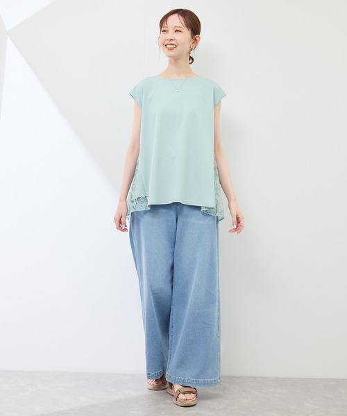 tシャツ シャーリング襟ドッキングプルオーバー「UVカット・接触冷感」 レディース ROPE' PICNIC tシャツ 「UVカット・接触冷感」レースドッキング