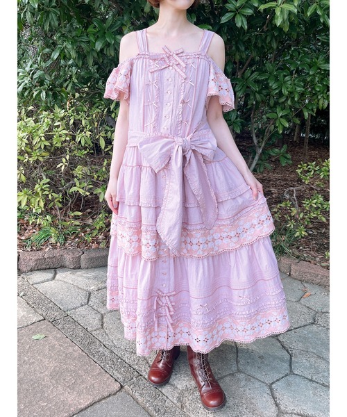 PINK HOUSE ワンピース チェリーレース使いギンガムチェックサン