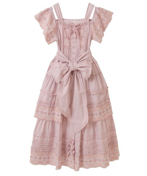PINK HOUSE　レース使いキャミソールワンピース　ティアード　花柄　ロゴ PINK HOUSE レース使いキャミソールワンピース ティアード 花柄