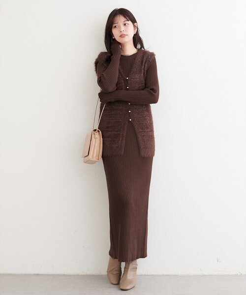 natural couture ワンピース 「osono」ラメフェザーニットベスト×リブ