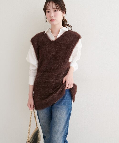 natural couture ワンピース 「osono」ラメフェザーニットベスト×リブ