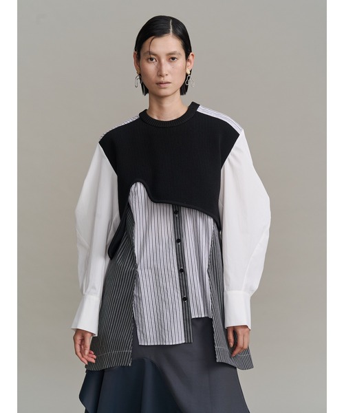 UN3D. アンスリード　ニットとシャツ(ブラウス)のセット　ブラック・ホワイト UN3D.（アンスリード） ブラウス シャツ CURVE KNIT DOCKING SH