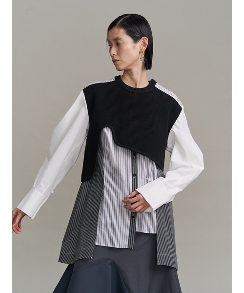 UN3D.（アンスリード） ブラウス シャツ CURVE KNIT DOCKING SH