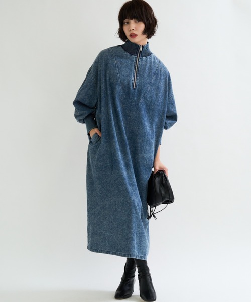 A.D.C.L. ワンピース ハーフジップ デニム ロングワンピース