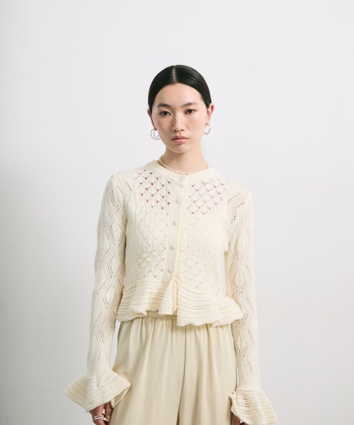 カーディガン レース編みフリルニットカーディガン レディース
