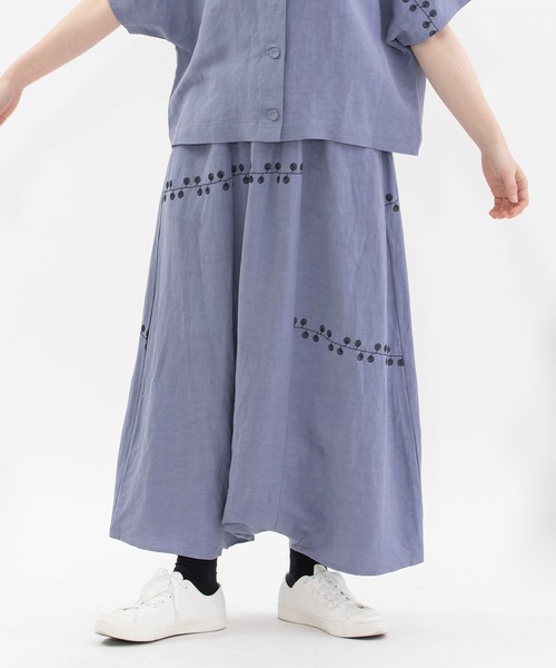 nop de nod サルエルパンツ ネイビー nop de nod（ノップドゥノッド） パンツ リネンレーヨンライン刺繍