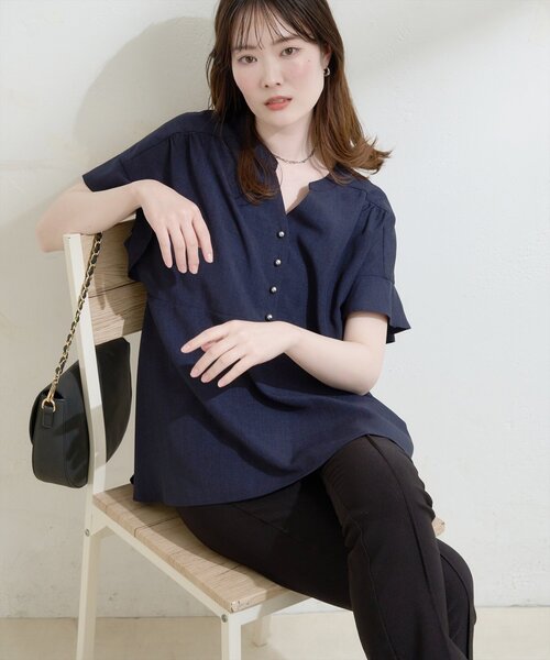 natural couture ブラウス シャツ 「sherbet line」接触冷感UV袖フリル