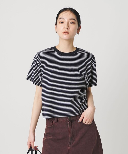tシャツ コットン パイルボーダー ショートスリーブ Tシャツ レディースの画像
