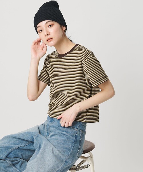 tシャツ コットン パイルボーダー ショートスリーブ Tシャツ レディースの画像