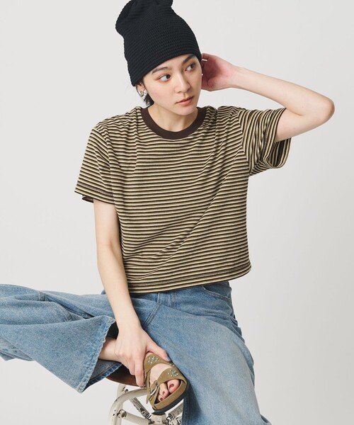 tシャツ コットン パイルボーダー ショートスリーブ Tシャツ レディースの画像