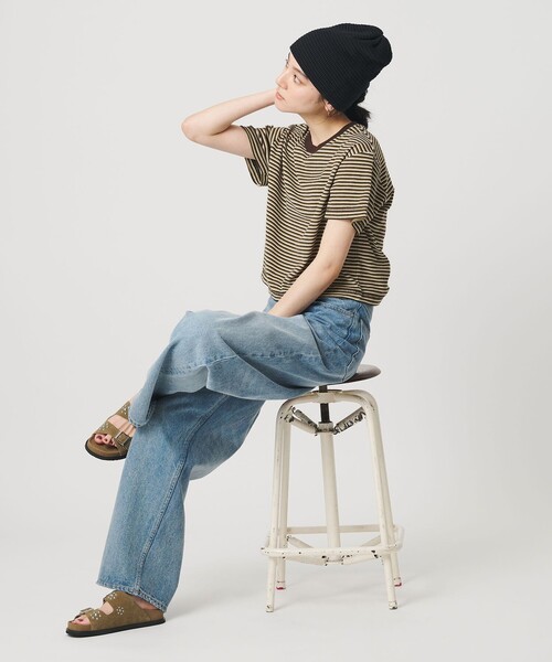 tシャツ コットン パイルボーダー ショートスリーブ Tシャツ レディースの画像