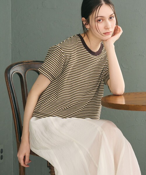 tシャツ コットン パイルボーダー ショートスリーブ Tシャツ レディースの画像