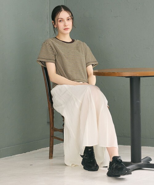 tシャツ コットン パイルボーダー ショートスリーブ Tシャツ レディースの画像