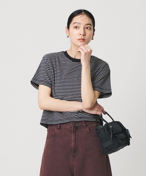 tシャツ コットン パイルボーダー ショートスリーブ Tシャツ レディースの画像