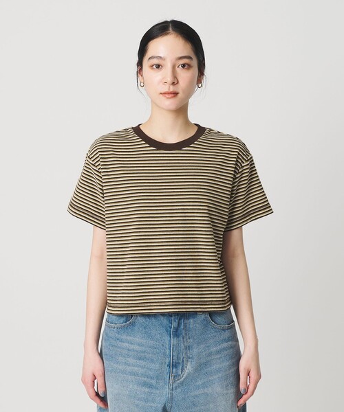 tシャツ コットン パイルボーダー ショートスリーブ Tシャツ レディースの画像