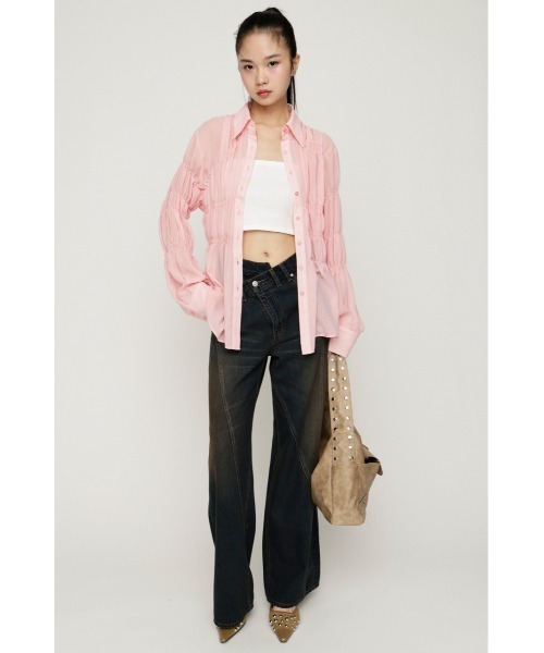 SLY アシンメトリーシャーリングシアーシャツ 春服 夏服　ピンク SLY（スライ） ブラウス シャツ ASYMMETRY SHIRRING SHEER SH