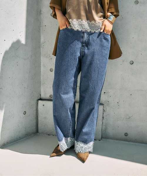 ワイドパンツ ジーンズ デニム デニムパンツ スースー裾レースデニムパンツ　670524 レディースの画像