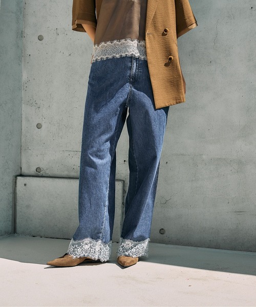 ワイドパンツ ジーンズ デニム デニムパンツ スースー裾レースデニムパンツ　670524 レディースの画像