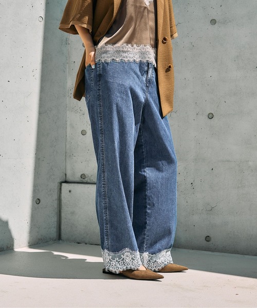 ワイドパンツ ジーンズ デニム デニムパンツ スースー裾レースデニムパンツ　670524 レディースの画像