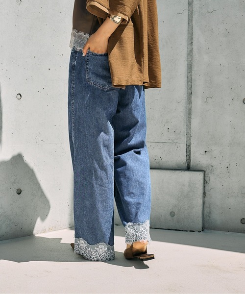 ワイドパンツ ジーンズ デニム デニムパンツ スースー裾レースデニムパンツ　670524 レディースの画像