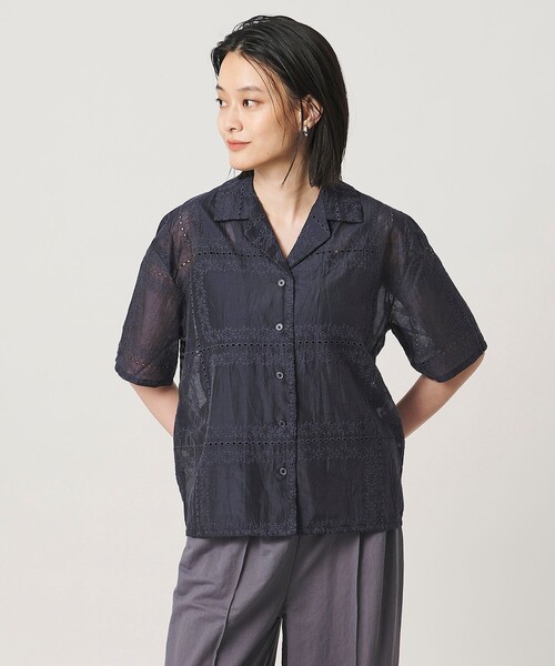 other - bow.a 21年製 ブラウス シャツ カットソー 半袖 総柄 日本製 M 黒 A DAY IN THE LIFE ブラウス シャツ 夏 半袖 シアー エンブロイダリー