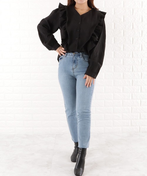 ブラウス シャツ Vネックラッフルブラウス レディース Lace Ladies ブラウス シャツ Vネックラッフルフリルブラウス
