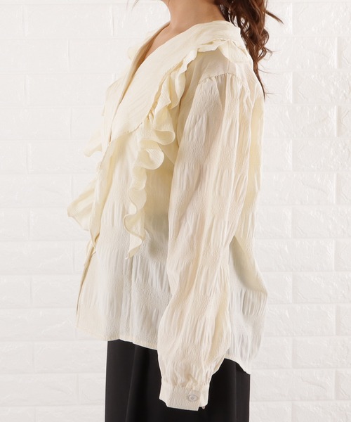 ブラウス シャツ Vネックラッフルブラウス レディース Lace Ladies ブラウス シャツ Vネックラッフルフリルブラウス