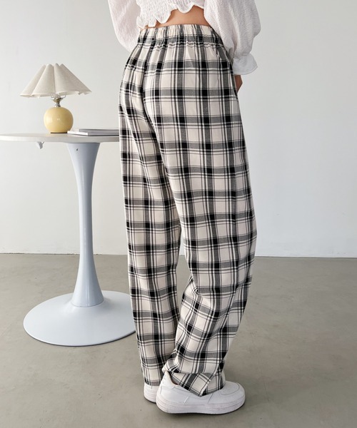 【関税込み】Kijun ベージュ チェック ワイドパンツ パンツ チェックイージーワイドパンツ レディース : ZOZOTOWN