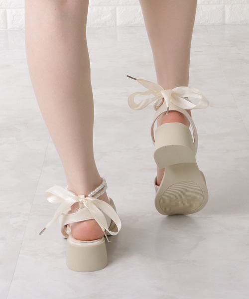Lace Ladies サンダル バックリボンパールストラップサンダル