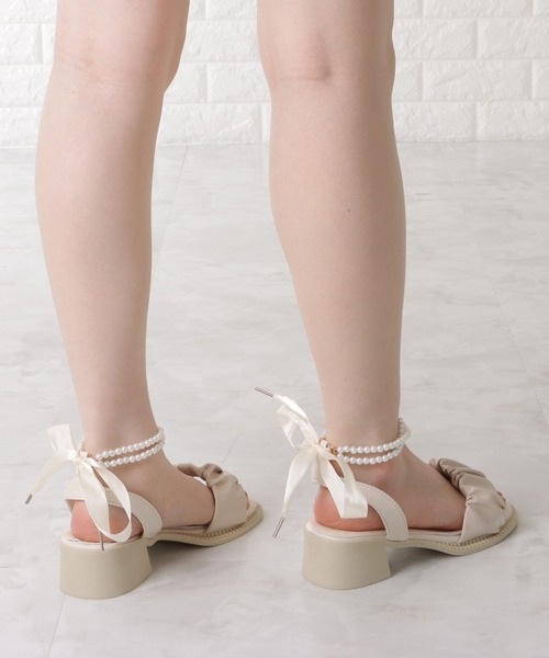 バックリボンストラップサンダル Lace Ladies サンダル バックリボンパールストラップサンダル