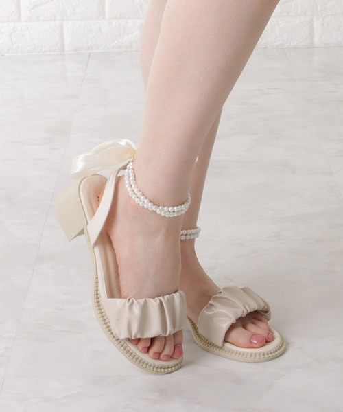 Lace Ladies サンダル バックリボンパールストラップサンダル
