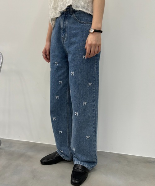 リボン付きインディゴデニム バックリボン刺繍フレアデニムパンツ[at2289] | レディース