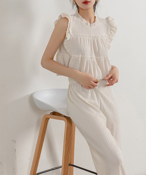 ノースリーブフリルトップス ワイドパンツ セットアップ 5060502 DAY CLOSET セットアップ レディース ヨウリュウ風フリル