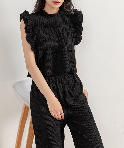ノースリーブフリルトップス ワイドパンツ セットアップ 5060502 セットアップ ノースリーブ リゾート フレアトップス ワイド