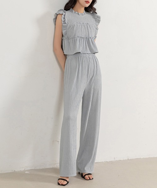 セットアップ シフォンシャツ フリル ストラップパンツ パンツ シフォンフリルストラップ タックパンツ レディース