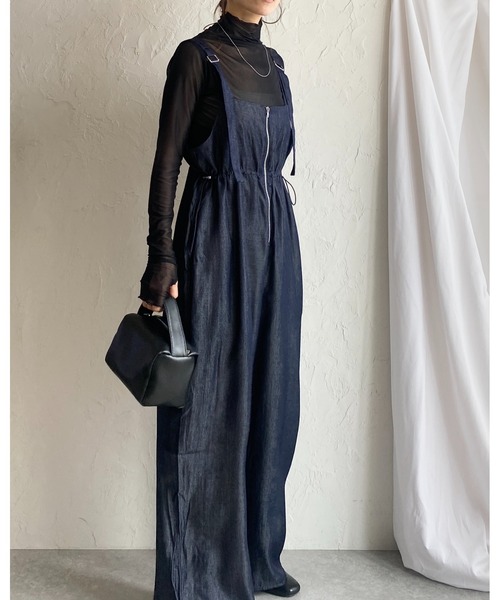 ワイドサロペット She's Closet サロペット オーバーオール フロントジップハイ