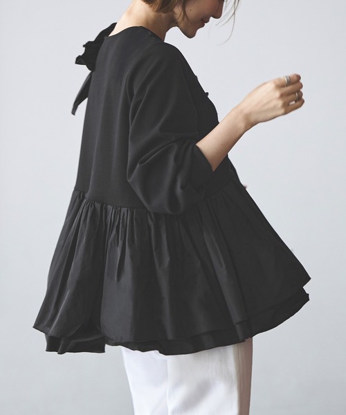 ブラウス シャツ 洗える ｜ 異素材 フリル ペプラム ボリュースリーブ TOPS ｜ 長袖 トップス 二の腕カバー 体型カバー 袖ボリューム オフィ RUIRUE BOUTIQUE ブラウス シャツ 洗える ｜ ショルダー フリル