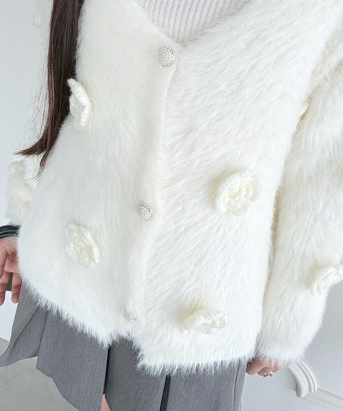 極美品♡trefle+1 ハートクロシェカーディガン　ホワイト Loueme カーディガン ローズクロシェシャギーニットカーディガン